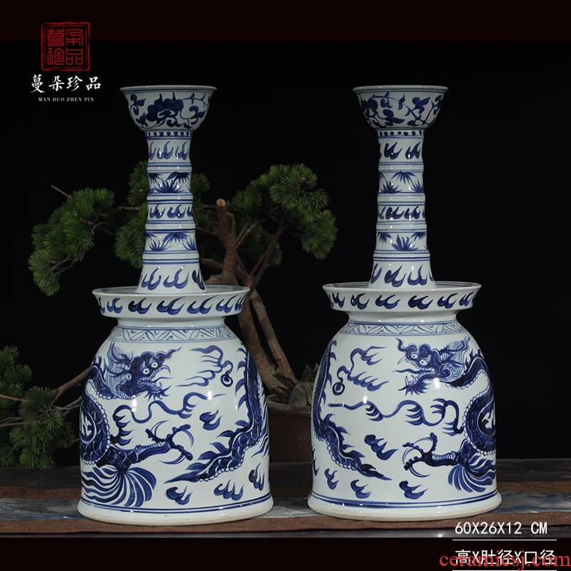 21 the Gao Jingdezhen Qinghua happy character candlestick temple buddhist temple, 62 tall blue - and - white porcelain based dragon pattern