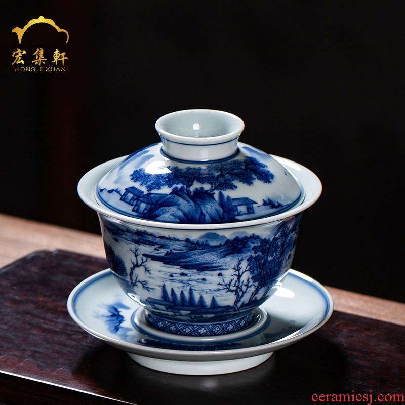 Jingdezhen blue and white hand hand draw landscape tureen maintain master cup of lesser tea bowl three bowls