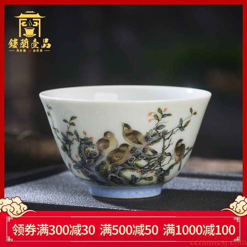 Jingdezhen cold tea sample tea cup hand - made ceramic famille rose finch figure master cup single CPU kung fu tea tea cup