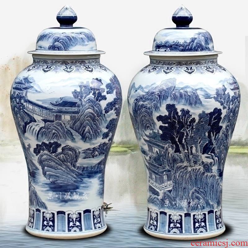 Jingdezhen blue and white landscape general tank hand - made ceramics vase sitting room ground adornment furnishing articles opening gifts