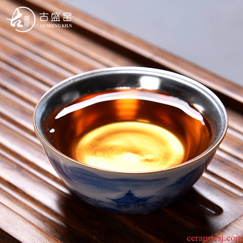 The ancient new landscape tong qu sheng up ceramic tasted silver silver gilding hand - made jade porcelain individual sample tea cup masters cup by hand