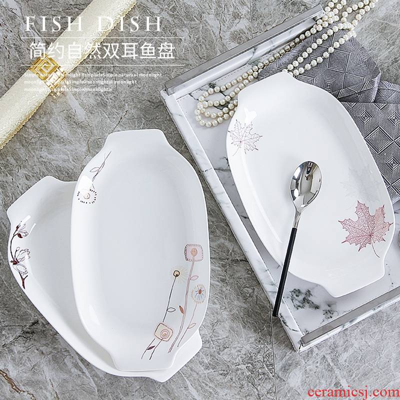 Qiao mu jingdezhen chinaware plate rectangular ears fish dish household Chinese large irregular breakfast tray