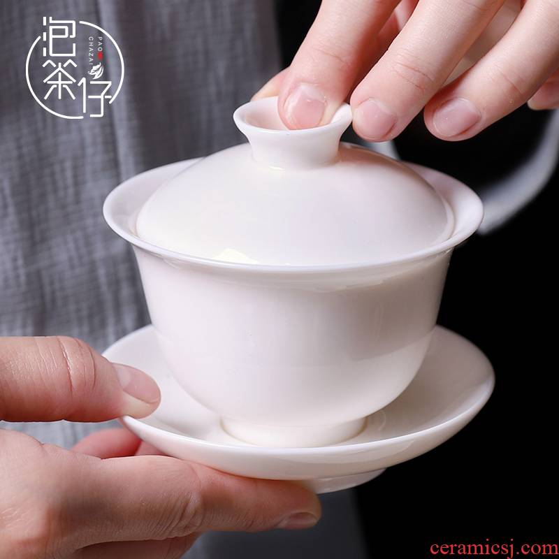 Dehua white porcelain only three cups suet jade kung fu tea sets tea tureen tea cups of a single small pure white