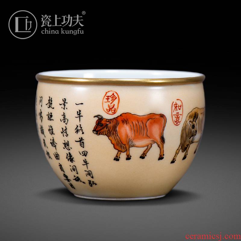 Jingdezhen five NiuTu market metrix manual hand - made color ink cup archaize single CPU cylinder cup large kung fu tea cups