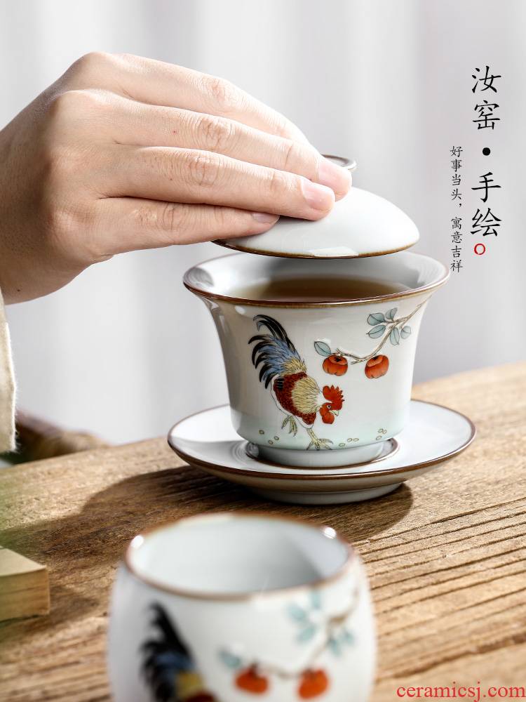 Jingdezhen hand - made big chicken only three tureen tea cups tea bowl of hot large pure manual kung fu tea set