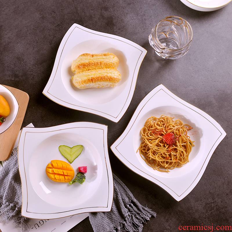 European creative manual gold 】 【 ipads porcelain household western big flat plate ceramic dishes soup plate hotel