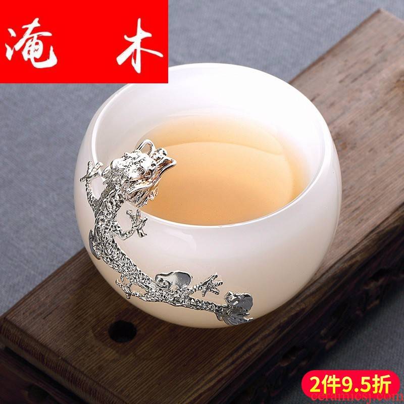 Flooded the wooden hand white porcelain individual small single CPU kung fu tea set with silver cups tea master sample tea cup of household ceramics