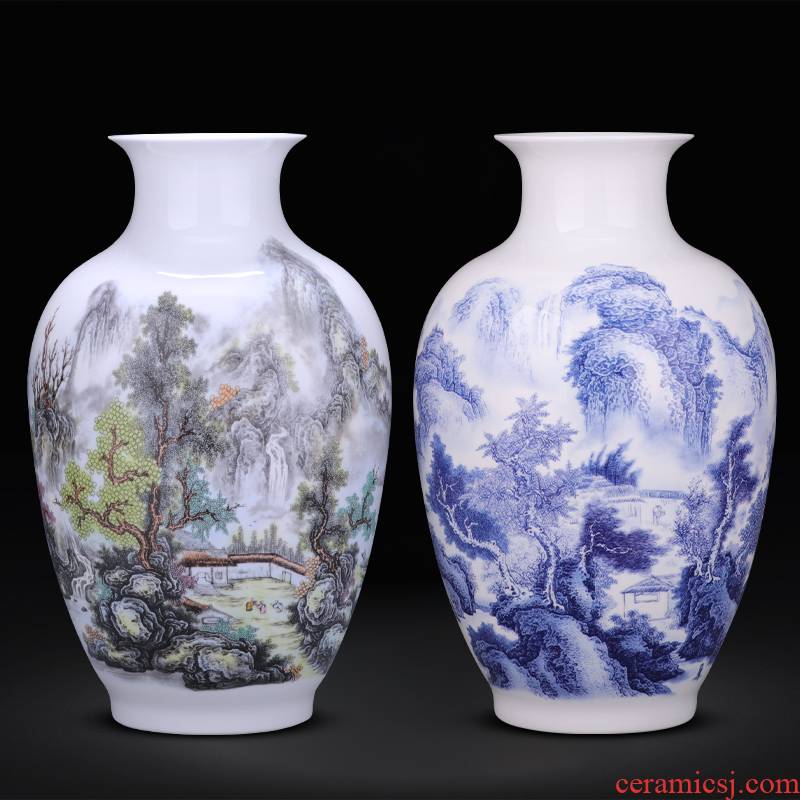 Jingdezhen ceramics landscape of blue and white porcelain vase flower arranging place living room TV cabinet decoration of Chinese style household porcelain