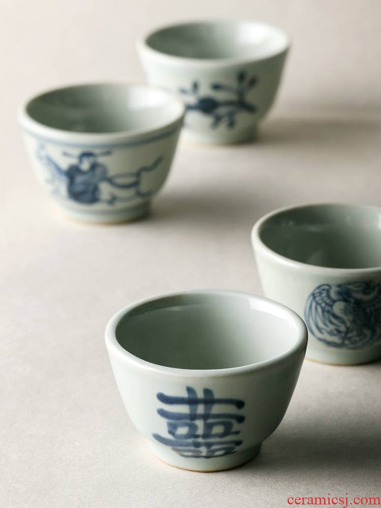 About Nine soil Japanese manual hand - made happy character antique blue and white porcelain tea set iron rust stain sample tea cup cup kung fu little fullness