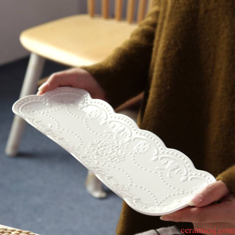 Creative Japanese relief rectangle plate embossed ceramic white butterfly sushi plate tray bread dessert plates