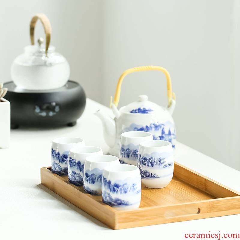 Jingdezhen blue and white porcelain Japanese girder kettle pot of tea set high temperature resistant, high - capacity mountain restaurant home the teapot