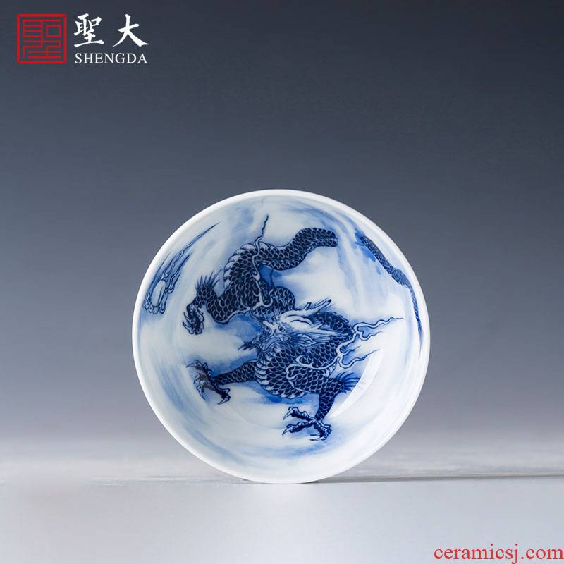 The big cup sample tea cup of pure hand - made ceramic kung fu jingdezhen blue and white longteng Jiang Ya masters cup tea by hand