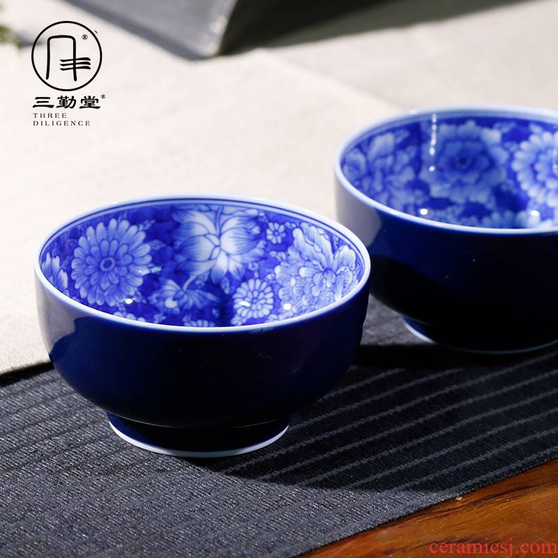 Three frequently hall cup single CPU jingdezhen ceramic masters cup small kung fu ji indigo flowers sample tea cup in hand