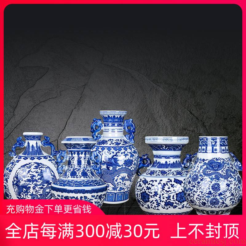 Jingdezhen ceramic antique ears blue and white porcelain vases, modern flower arrangement sitting room adornment of Chinese style household furnishing articles