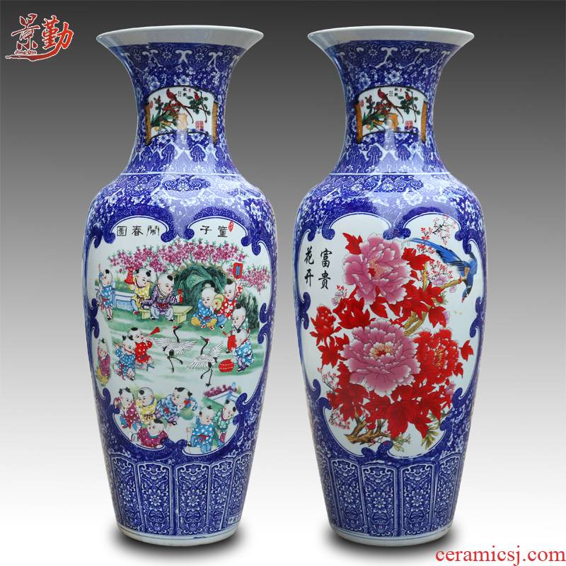 Jingdezhen ceramic ring of large vase archaize lad spring figure sitting room place of blue and white porcelain hotel decoration