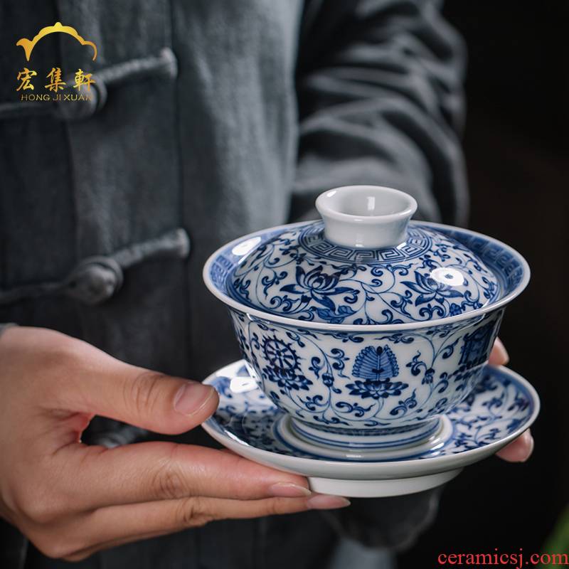 Jingdezhen blue and white only three firewood tureen antique hand - made maintain ceramic checking tea lotus flower tea bowl