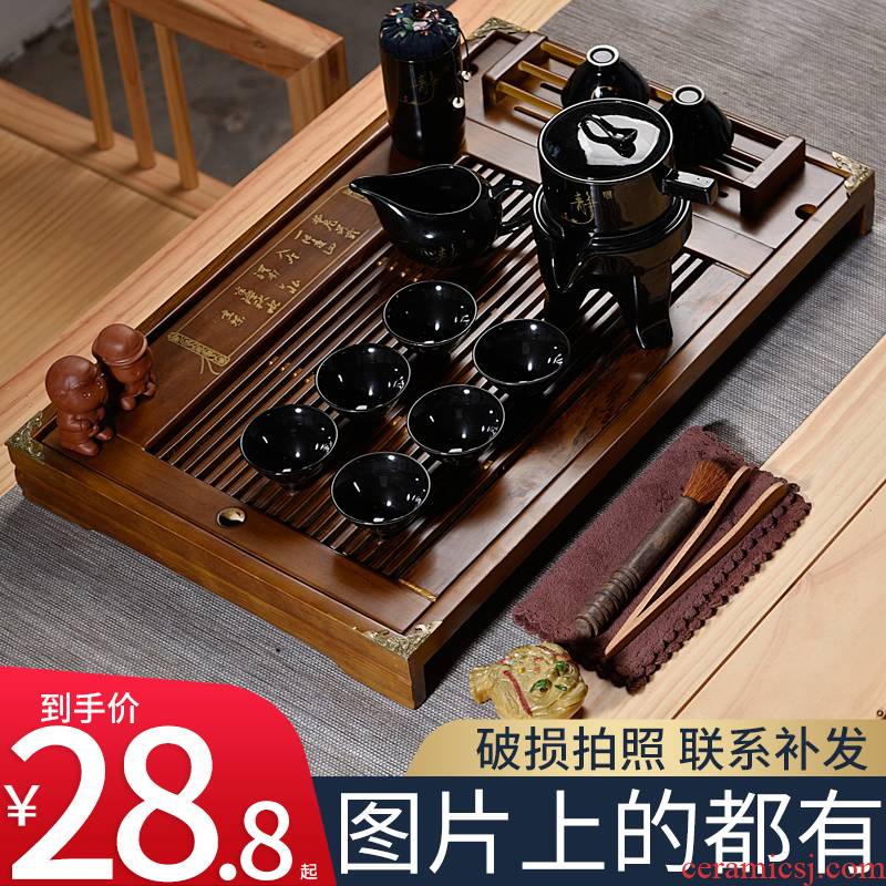 Hui shi kung fu tea set solid wood tea tray ceramic purple sand tea tureen household contracted sitting room semi - automatic