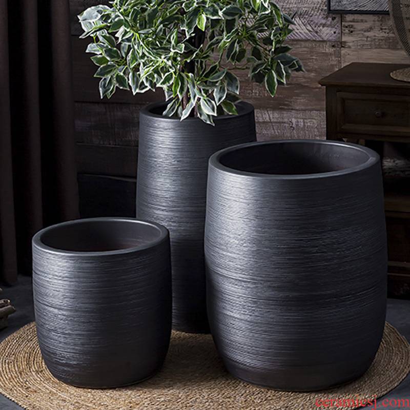 Nordic flowerpot I and contracted vase black ceramic green plant hydroponic POTS of large diameter cylinder indoor plant decoration