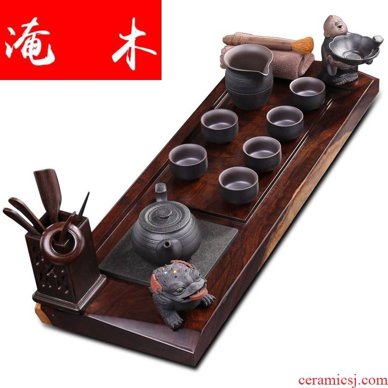 Flooded the whole piece of ebony wood tea tray ceramic kung fu tea set of black suit of a complete set of domestic tea the original solid wood