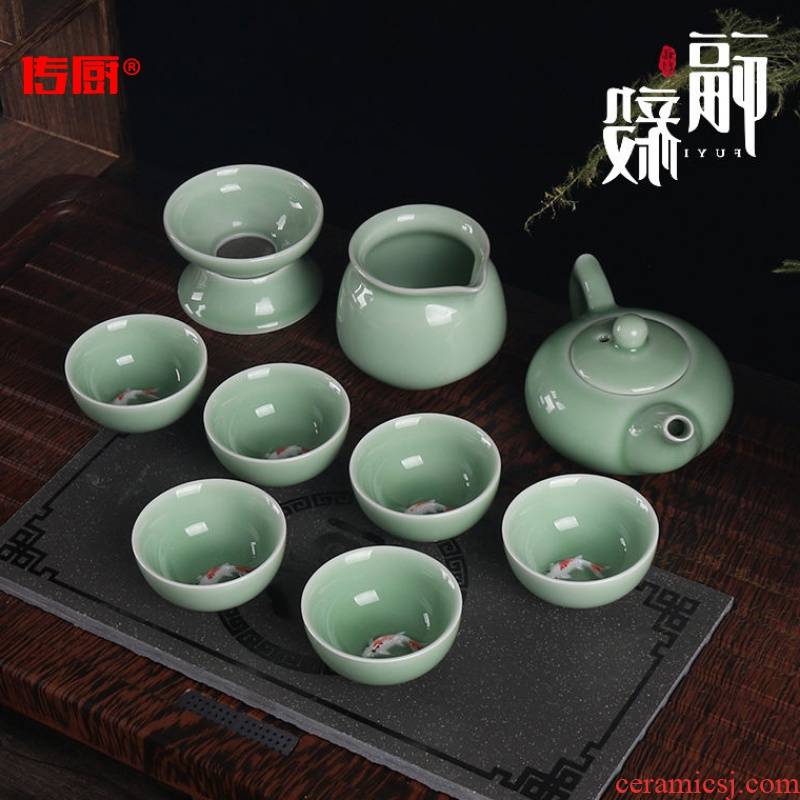 The kitchen kung fu tea sets ceramic household send tea towel 】 【 tea ware celadon lid bowl of tea cups