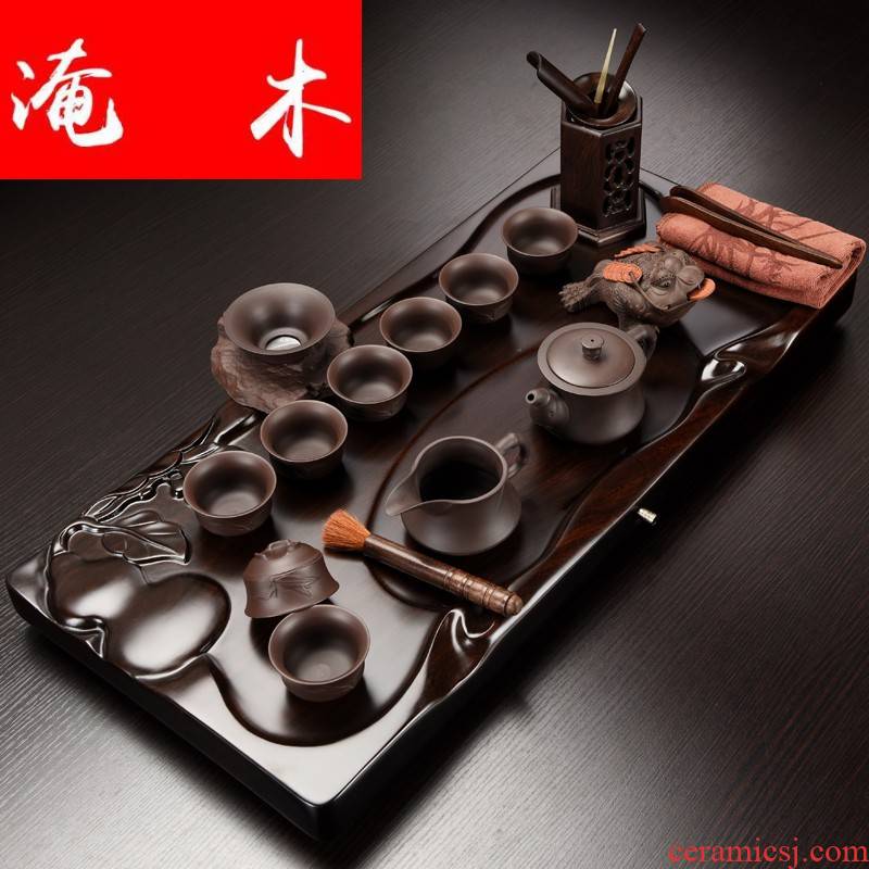 Submerged solid wood tea table of a complete set of household contracted ebony wood tea tray was contracted kung fu tea kettle ceramic tea set
