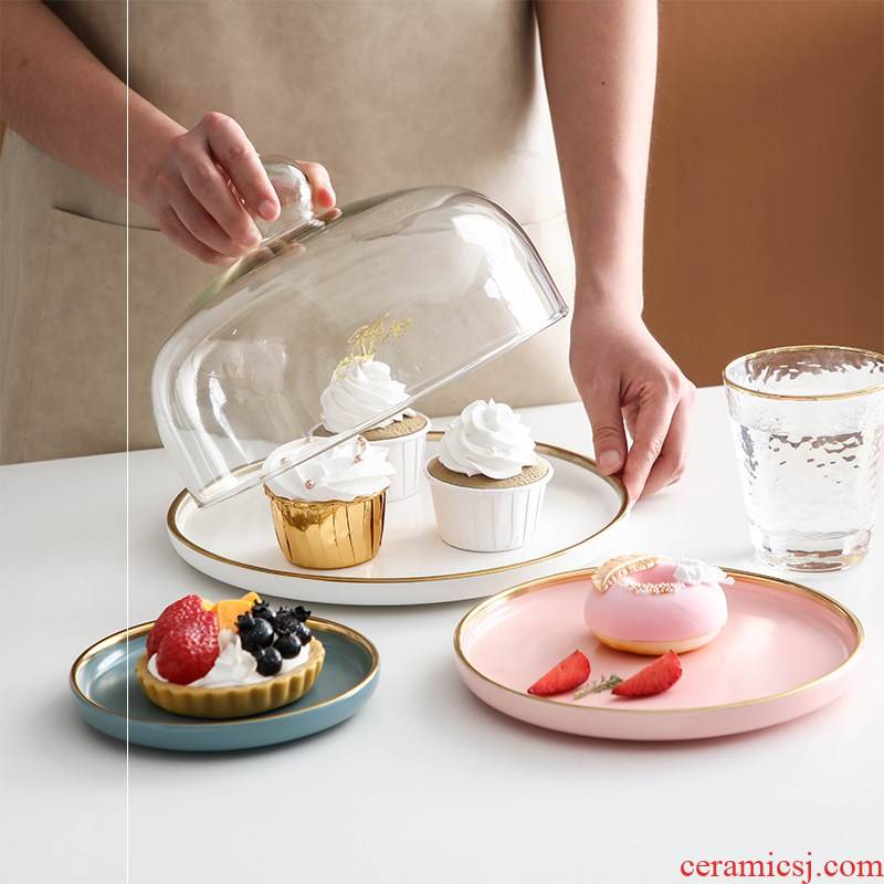 Ceramic cake plate of dim sum dishes of bread fruit dessert display photo tray was the try with the cover on the glass