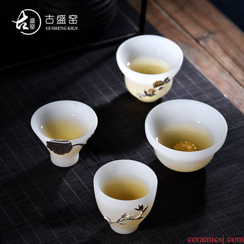 Ancient sheng up new gourd white porcelain Mosaic jade inlaid with silver coloured glaze ceramic whitebait cup sample tea cup master CPU