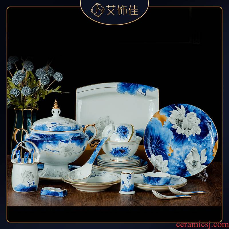 Jingdezhen high - grade paint ipads porcelain tableware suit Chinese 60 head lotus dishes hotel company gifts articles