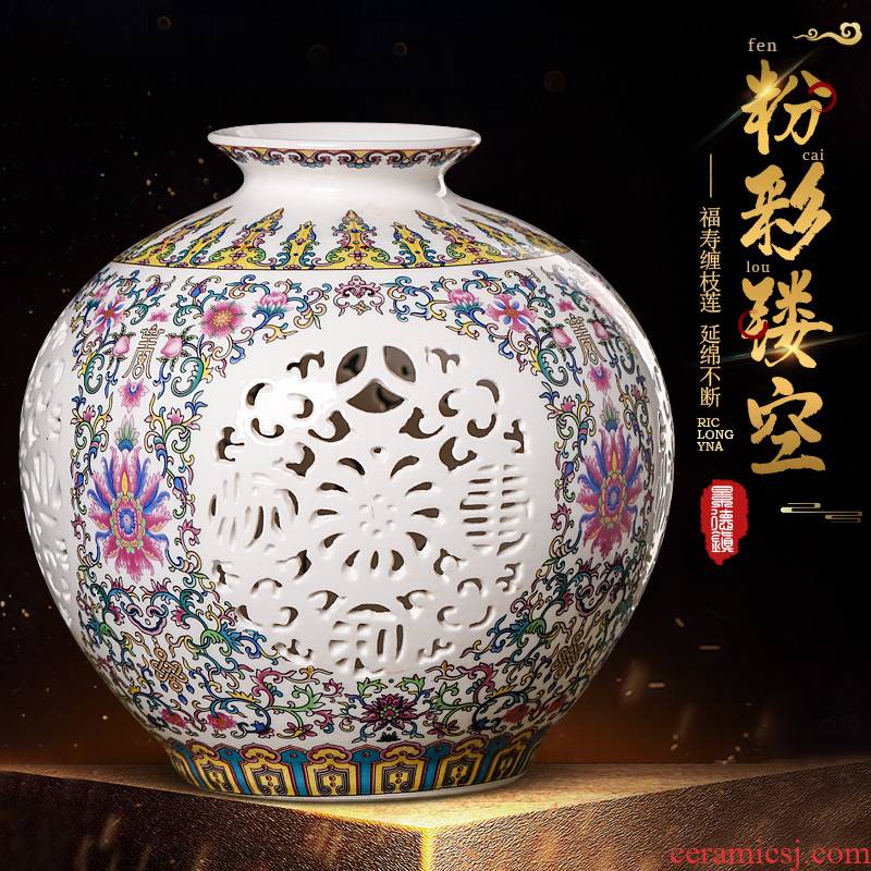 Jingdezhen ceramics powder enamel hollow - out the vase furnishing articles thin foetus pomegranate bottles of modern Chinese style living room home decor
