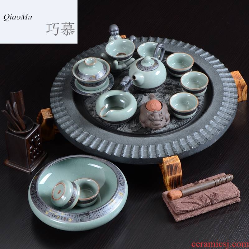 Qiao mu kung fu tea set a complete set of purple sand teapot on elder brother up sample tea cup sharply stone tea tray