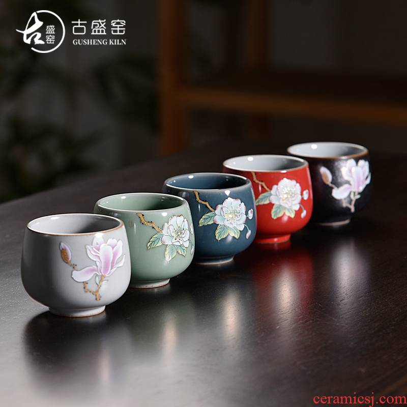 Ancient sheng up with colored enamel porcelain teacup household utensils sample tea cup manual single CPU master cup white jade porcelain tea bowl