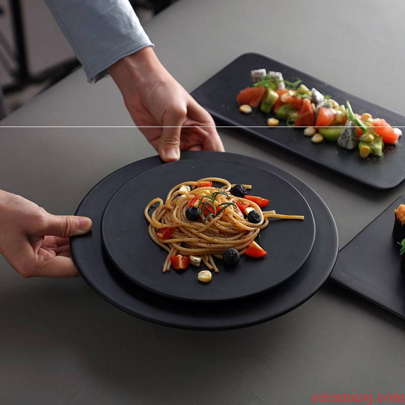 Matte enrolled cake ceramic disc flat black plate plate for western food dish rectangular dessert dish baking circle