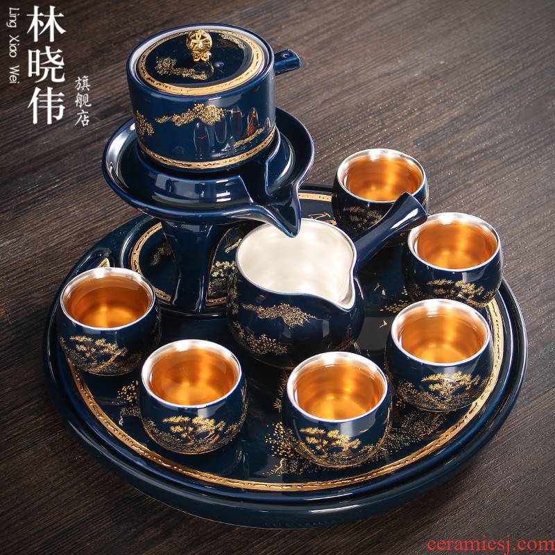 Tasted silver gilding semi - automatic office household ceramic tea set yourself see colour cup rotate the teapot a complete set of modern lazy people