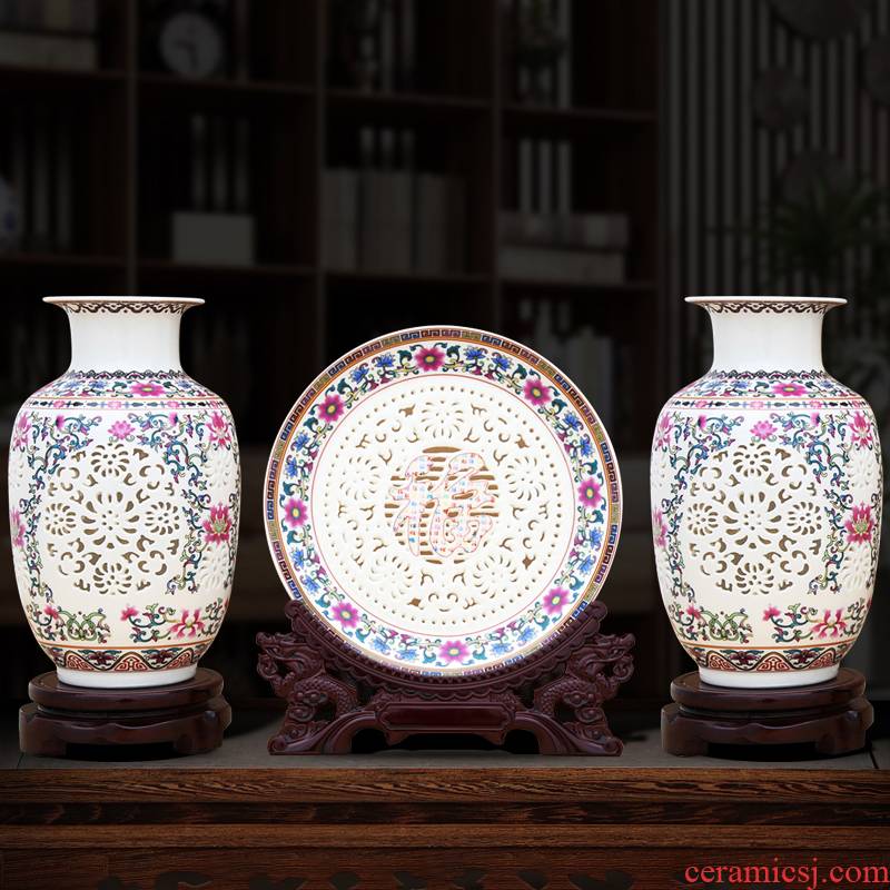 Chinese jingdezhen ceramics powder enamel hollow porcelain vase three - piece rich ancient frame furnishing articles home sitting room adornment