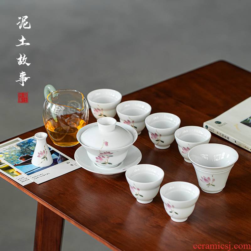 Jingdezhen pure hand - made tureen tea set suit portable household contracted the teapot tea cups of Japanese custom logo