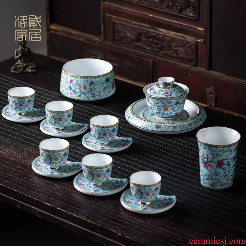 Blower, kung fu tea set suit high - end home sitting room of jingdezhen ceramics colored enamel tea tureen of a complete set of cups