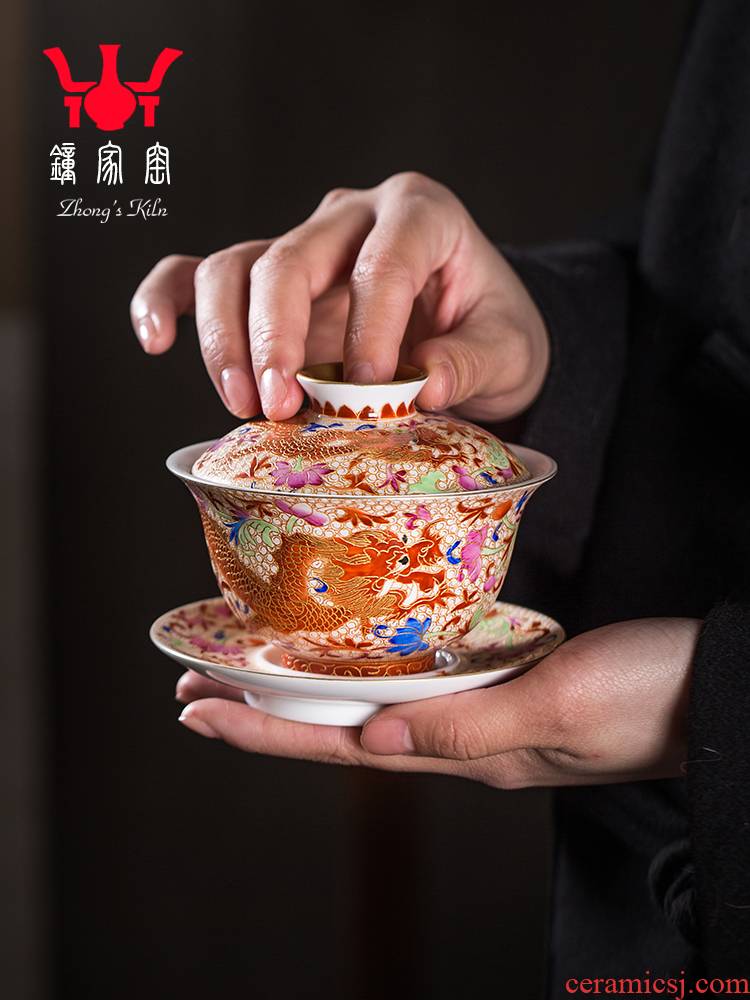 Clock at jingdezhen up tureen single wire inlay enamel see colour longfeng grain size three tureen tea bowl cups