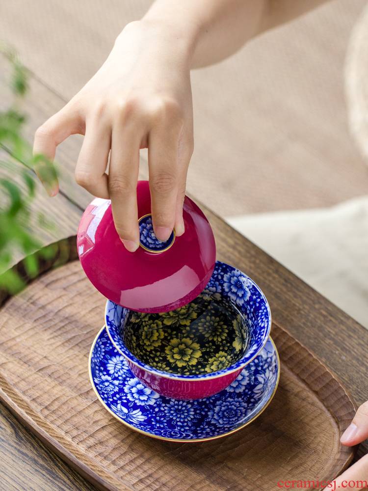 Carmine tureen of jingdezhen blue and white porcelain ceramics hand - made than spend three to kung fu tea tea tea cup bowl bowl