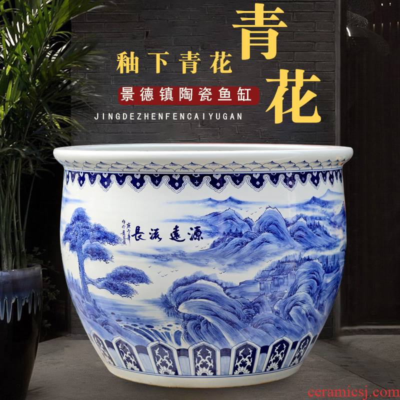 Jingdezhen blue and white porcelain basin of hand - made of long - standing ceramic tank cylinder tortoise mountain true water lily receive calligraphy and painting