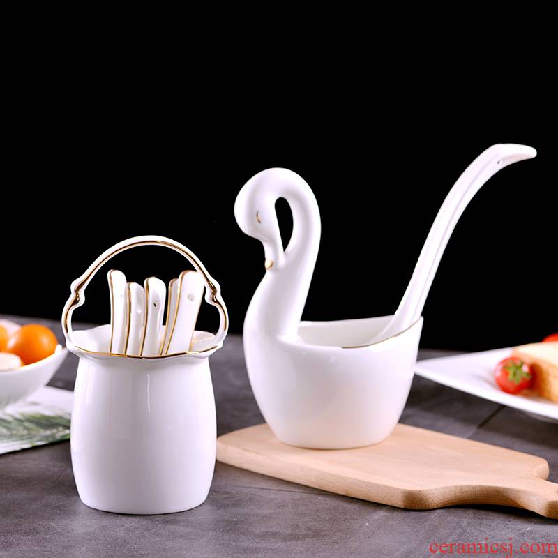Jingdezhen ceramics craft gold 】 【 creative ipads porcelain tableware cage swan tablespoons of flower basket put small spoon