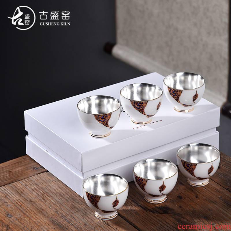 Ancient sheng up new six silver ceramic coppering. As silver tea service master cup Chinese lacquer single cup sample tea cup hand - made of bamboo cups