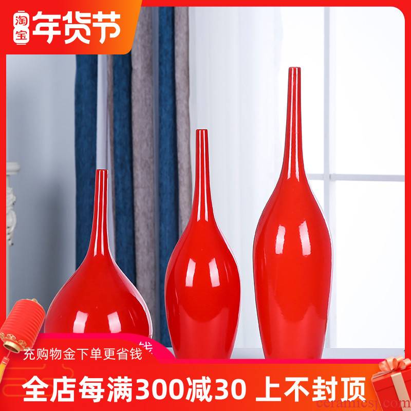 Jingdezhen ceramics three - piece suit Chinese red vase home sitting room porch decoration furnishing articles of China arts and crafts