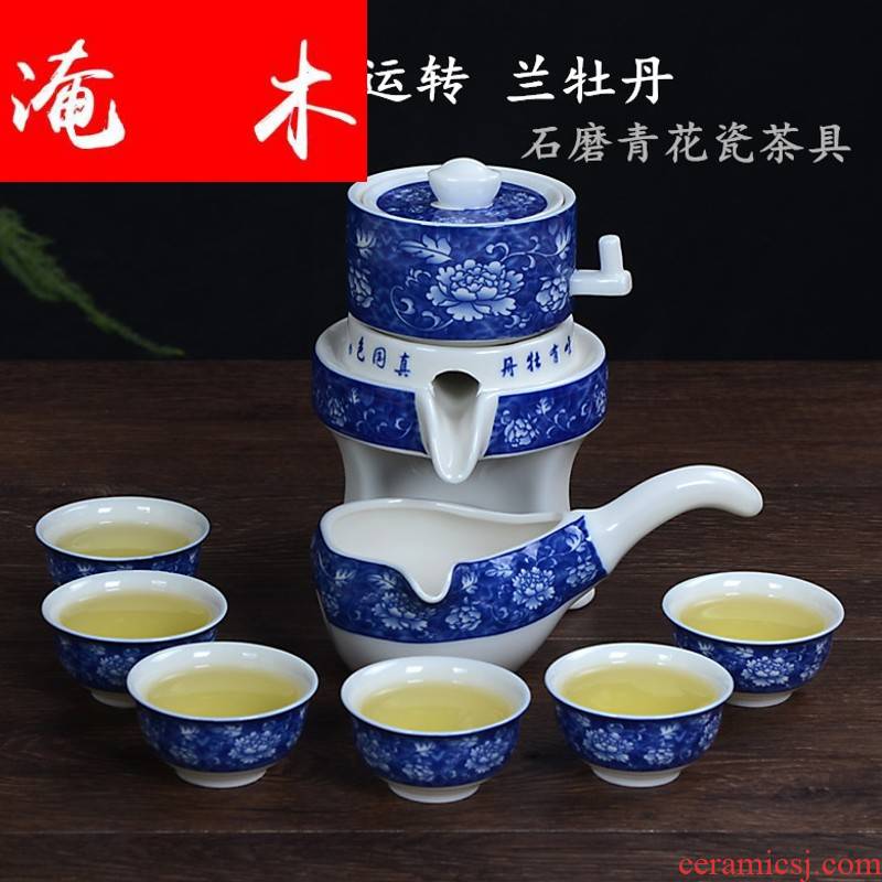 Flooded demand tree peony lazy stone mill of a complete set of kung fu tea set white ceramic blunt tea, blue and white hot semi automatic prevention