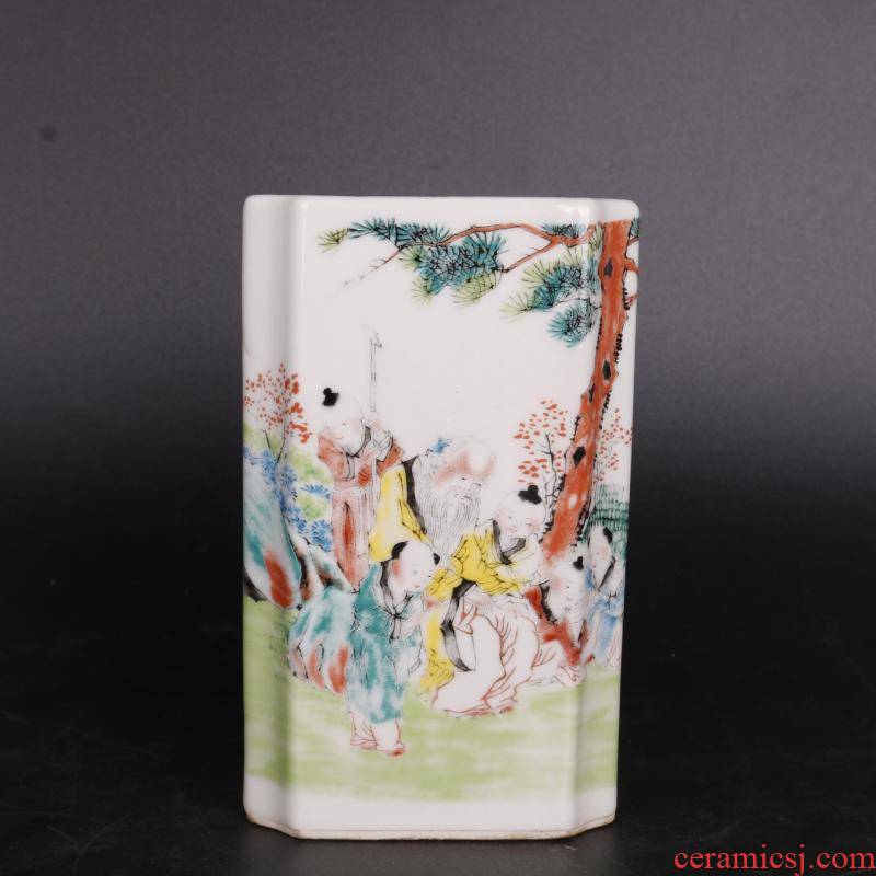 Antique handicraft stories of pastel texture of the republic of China "four porcelain brush pot home furnishing articles Antique collection
