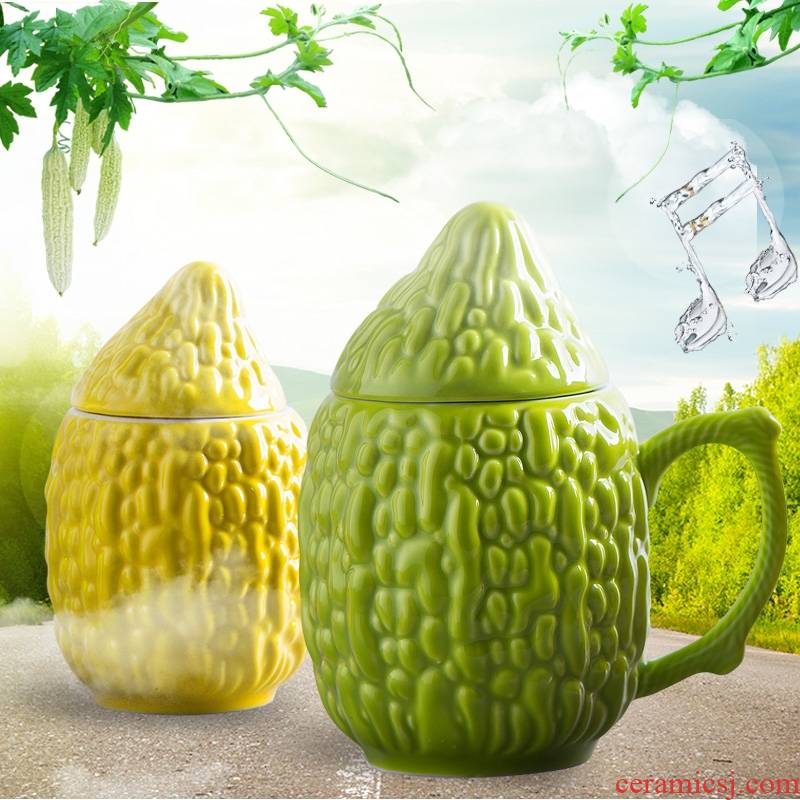 Qiao mu creative ceramic cup sweet balsam pear mark cup office contracted coffee cup couples cup with cover of water