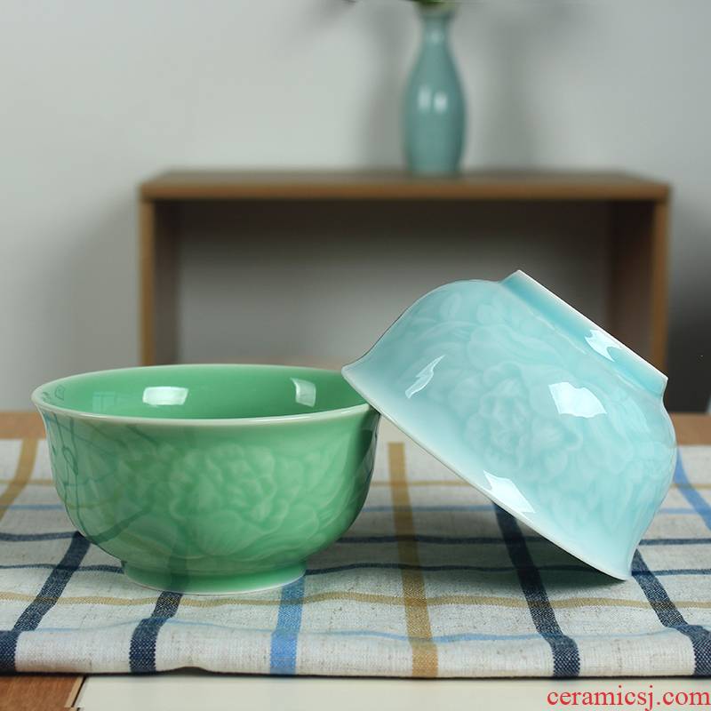 Celadon large rice bowls of household ceramics tableware plain peony lotus five inches in Japanese large bowl