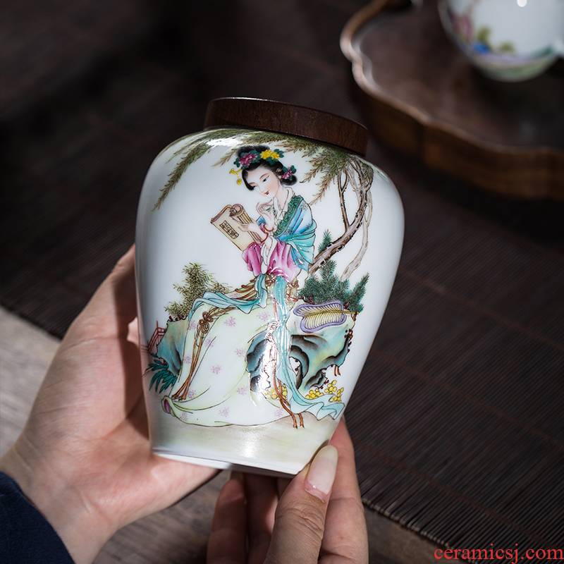 The Owl up jingdezhen fine ceramic high - grade tea caddy fixings large pastel maid figure lawsuits sealed as cans