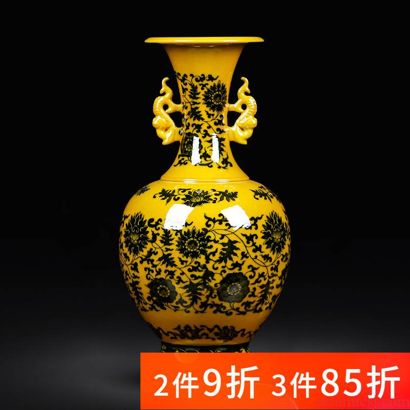 Jingdezhen ceramics yellow glaze ears vase archaize open piece of flower arranging new Chinese style household furnishing articles sitting room adornment