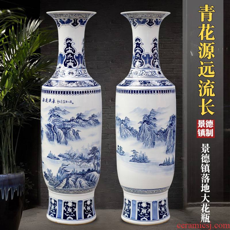 Jingdezhen blue and white porcelain has a long history in the hand - made landscape painting of large vase household living room TV cabinet furnishing articles