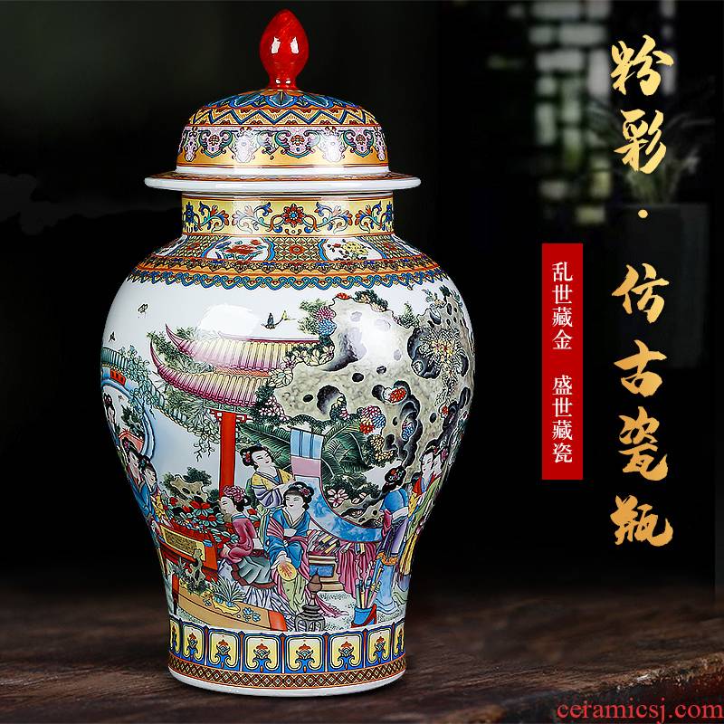 Jingdezhen ceramics powder enamel twelve gold hair pin general large storage tank cover pot household act the role ofing is tasted furnishing articles sitting room